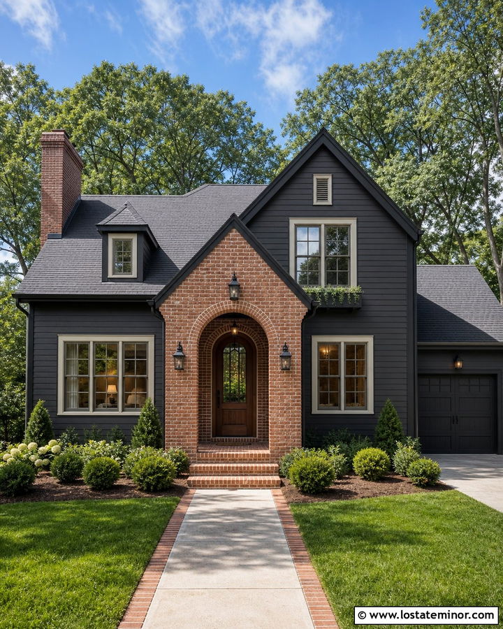 Charcoal Grey House With Brick Entry Arch - 30 Charcoal Grey House Design With Brick Accents Ideas