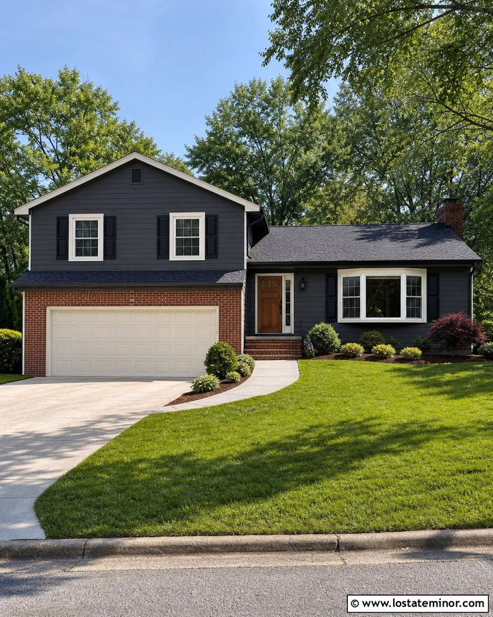 Charcoal Grey House With Brick Framed Garage Door - 30 Charcoal Grey House Design With Garage Door Ideas