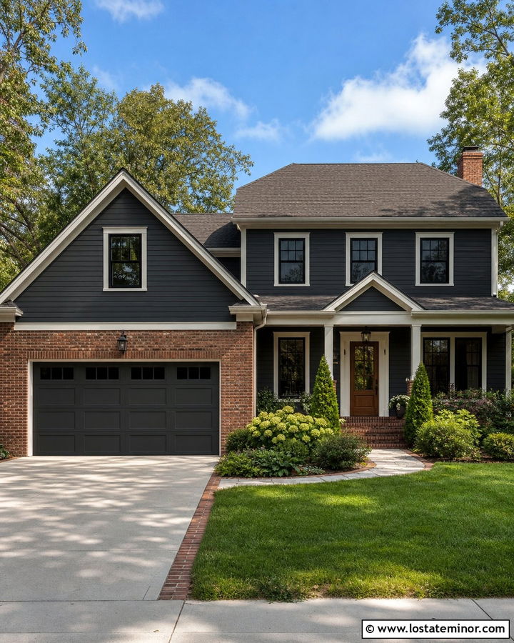 Charcoal Grey House With Brick Garage Accents - 30 Charcoal Grey House Design With Brick Accents Ideas
