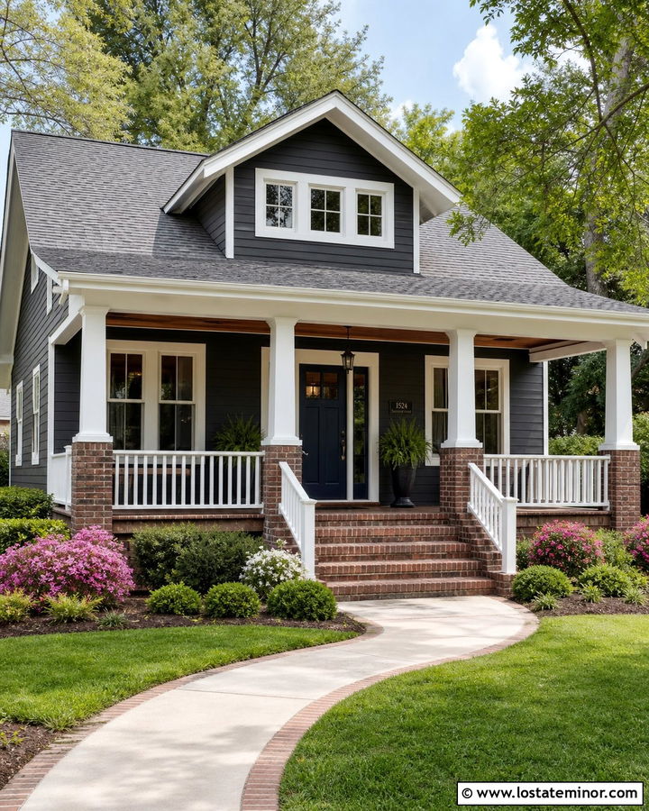 Charcoal Grey House With Brick Porch And White Railings - 30 Charcoal Grey House Design With Railings Ideas
