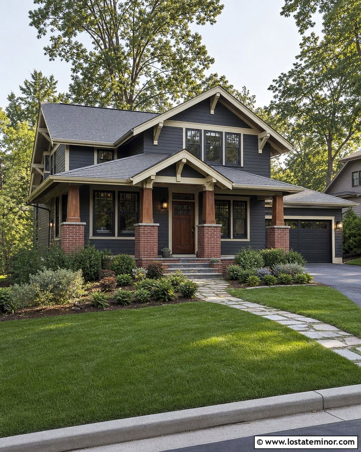 Charcoal Grey House With Brick Porch Columns - 30 Charcoal Grey House Design With Brick Accents Ideas