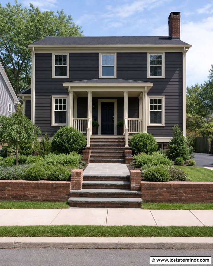 Charcoal Grey House With Brick Retaining Wall Steps - 30 Charcoal Grey House Design With Steps Ideas