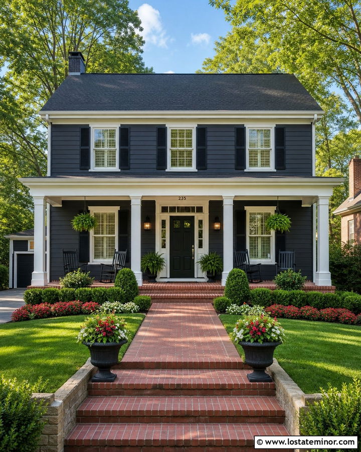 Charcoal Grey House With Brick Walkway Portico - 30 Charcoal Grey House Design With Portico Ideas