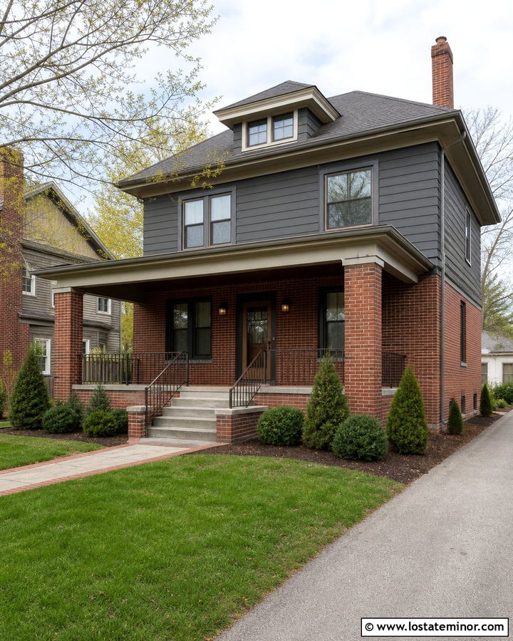 Charcoal Grey House With Bronze Storm Door And Red Brick - 30 Charcoal Grey House Design With Storm Door Ideas