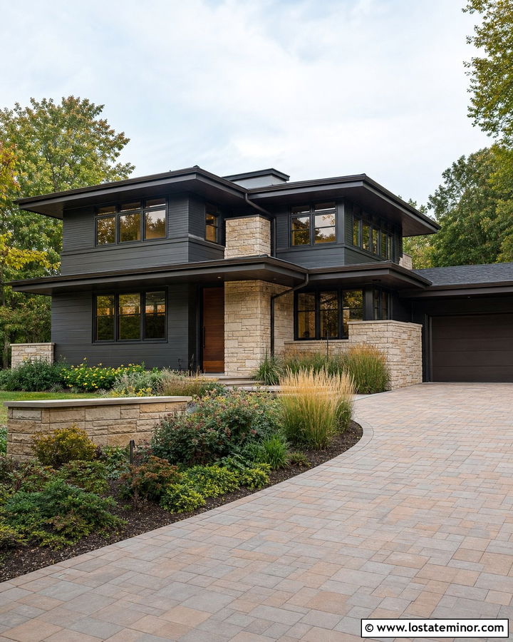 Charcoal Grey House With Bronze Trim And Tan Stone - 30 Charcoal Grey House Design With Trim Ideas