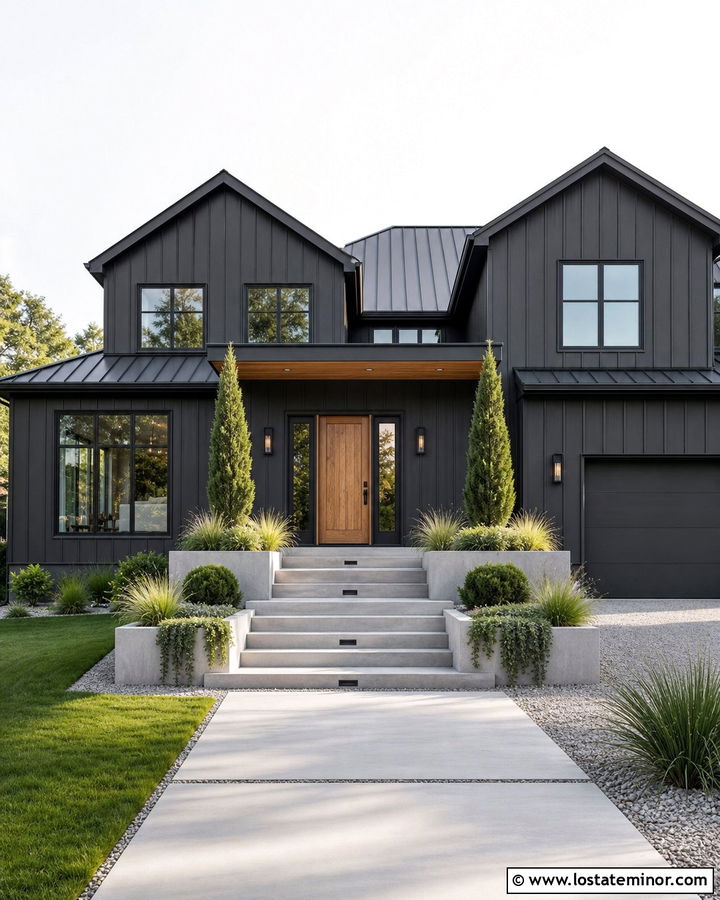 Charcoal Grey House With Built In Step Planters - 30 Charcoal Grey House Design With Steps Ideas