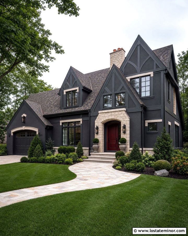 Charcoal Grey House With Burgundy Entry Door - 30 Charcoal Grey House Design With Entry Door Ideas