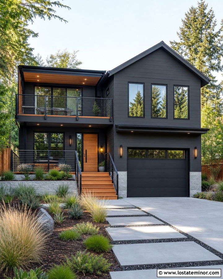 Charcoal Grey House With Cable Deck Railings - 30 Charcoal Grey House Design With Railings Ideas