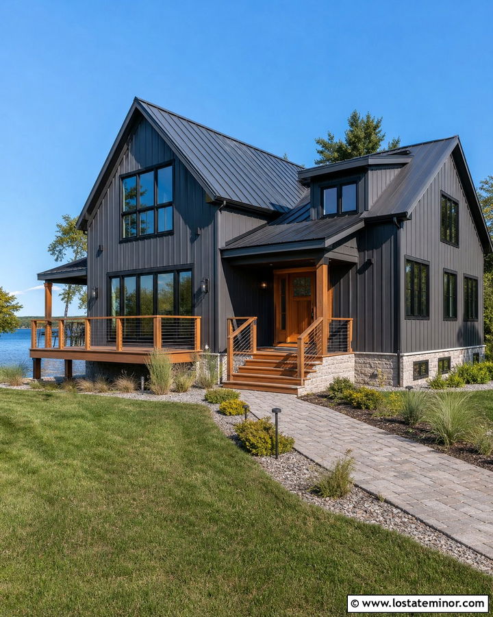 Charcoal Grey House With Cable Rail Fence - 30 Charcoal Grey House Design With Fence Ideas