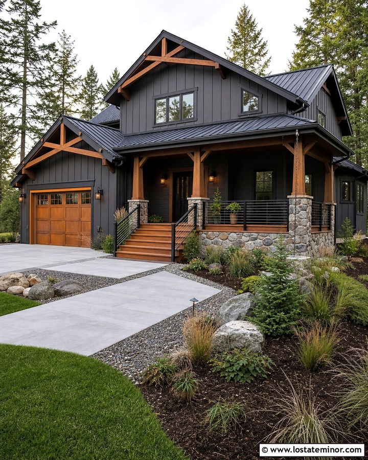 Charcoal Grey House With Cable Railing Steps - 30 Charcoal Grey House Design With Steps Ideas