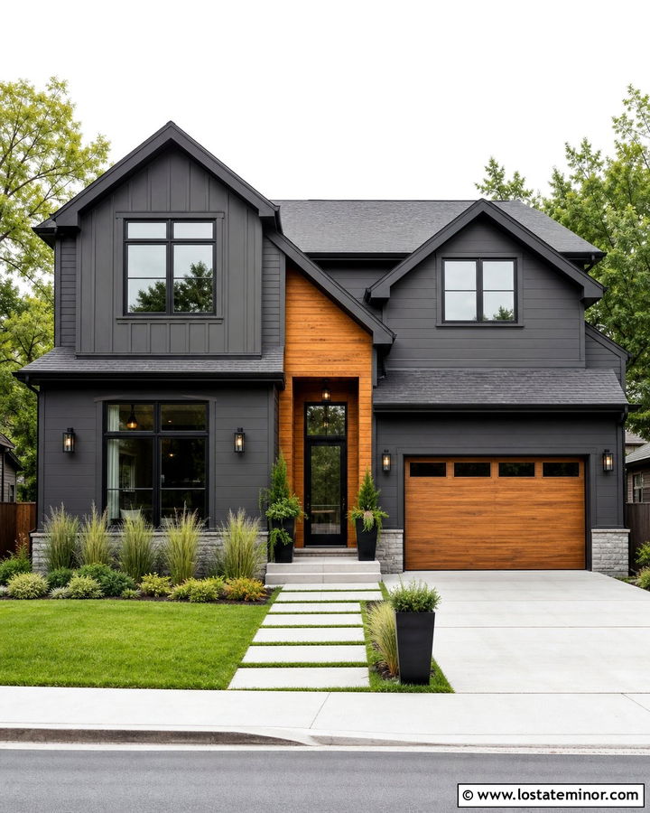 Charcoal Grey House With Cedar Accents And Black Sconces - 30 Charcoal Grey House Design With Light Fixtures Ideas