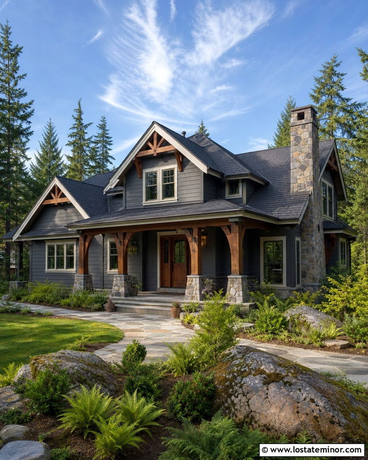 Charcoal Grey House With Cedar Accents And Fieldstone Chimney - 30 Charcoal Grey House Design With Chimney Ideas