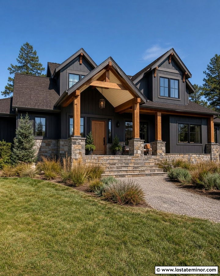 Charcoal Grey House With Cedar Beam Porch Ceiling - 30 Charcoal Grey House Design With Porch Ceiling Ideas