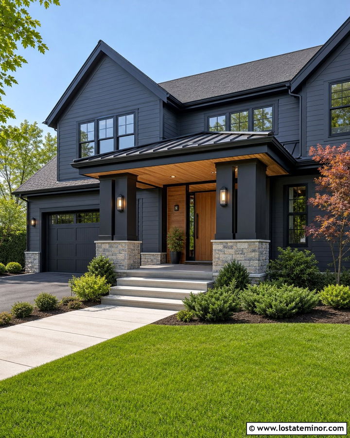 Charcoal Grey House With Cedar Ceiling Portico - 30 Charcoal Grey House Design With Portico Ideas