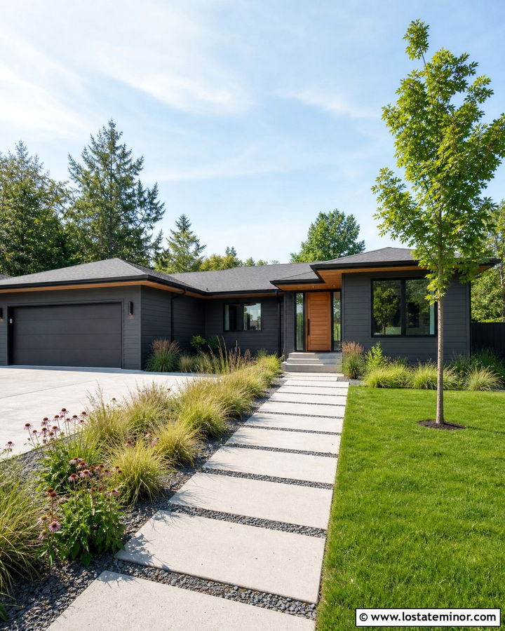 Charcoal Grey House With Cedar Door And Native Grasses - 30 Charcoal Grey House Design With Front Yard Ideas