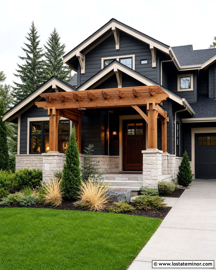 Charcoal Grey House With Cedar Front Pergola - 30 Charcoal Grey House Design With Pergola Ideas