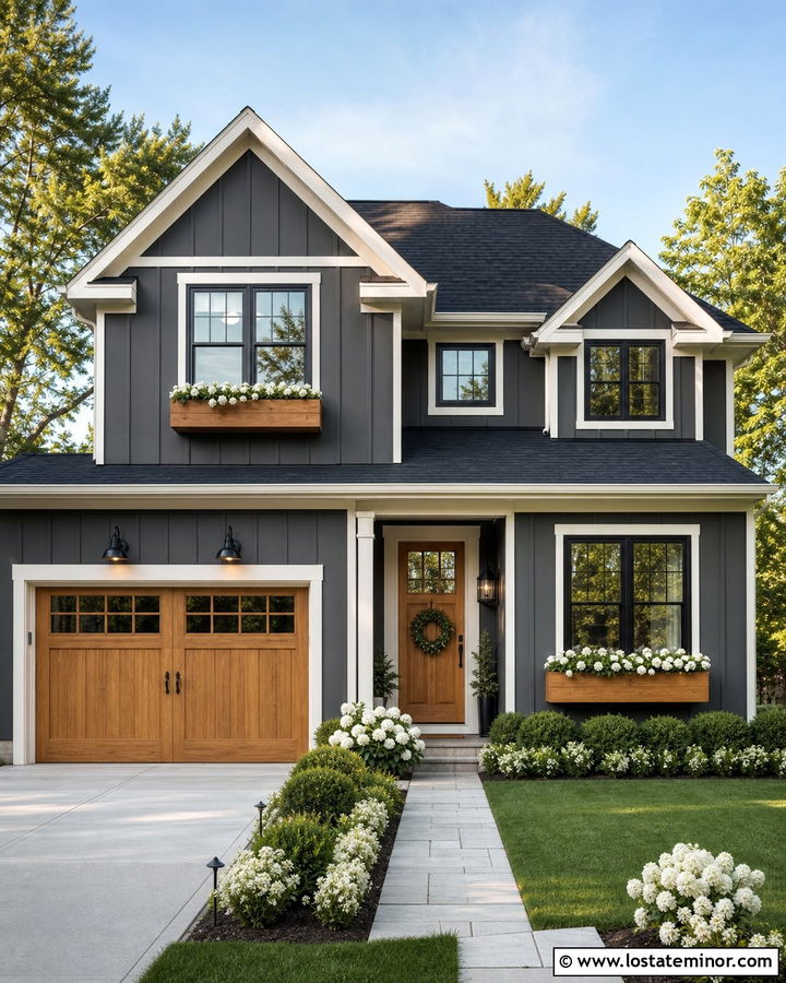 Charcoal Grey House With Cedar Garage Door And Matching Window Boxes - 30 Charcoal Grey House Design With Window Boxes Ideas