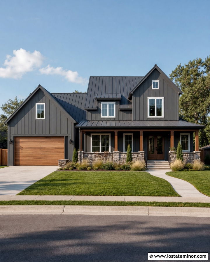 Charcoal Grey House With Cedar Garage Door - 30 Charcoal Grey House Design With Garage Door Ideas