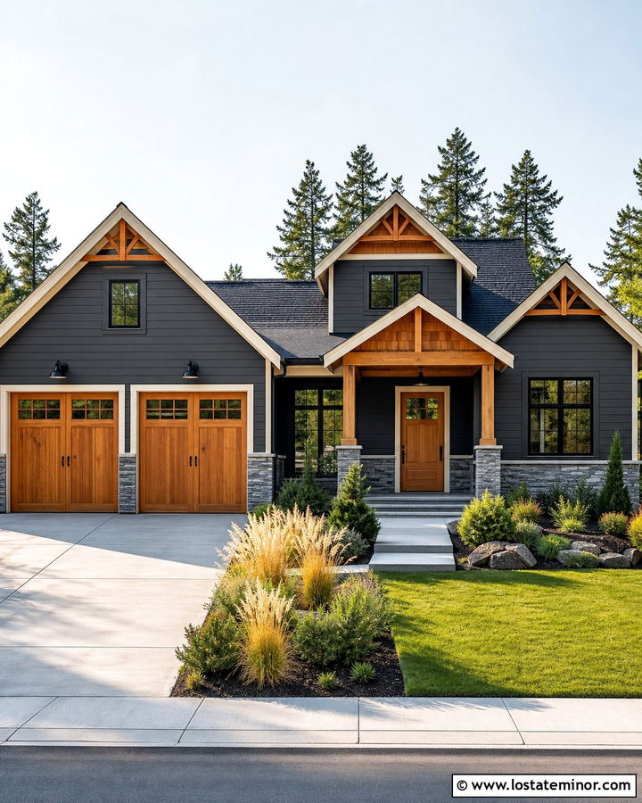 Charcoal Grey House With Cedar Garage Doors And Lights - 30 Charcoal Grey House Design With Lighting Ideas