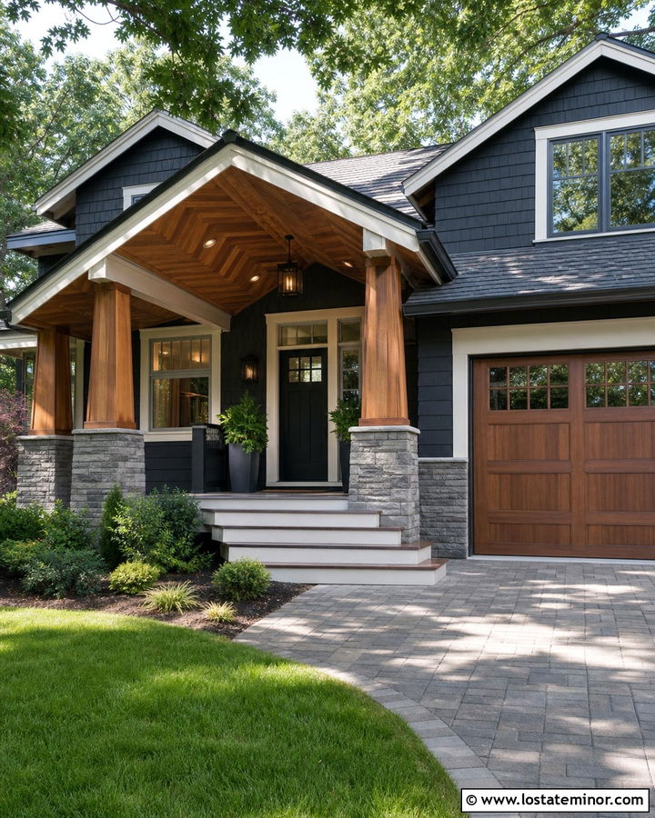 Charcoal Grey House With Cedar Herringbone Porch Ceiling - 30 Charcoal Grey House Design With Porch Ceiling Ideas
