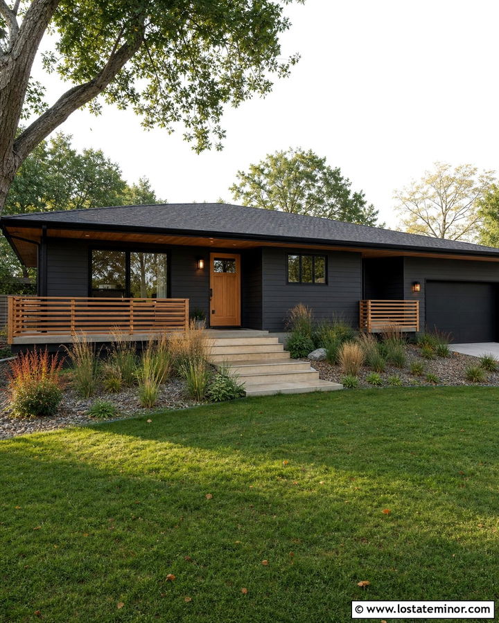Charcoal Grey House With Cedar Horizontal Railings - 30 Charcoal Grey House Design With Railings Ideas