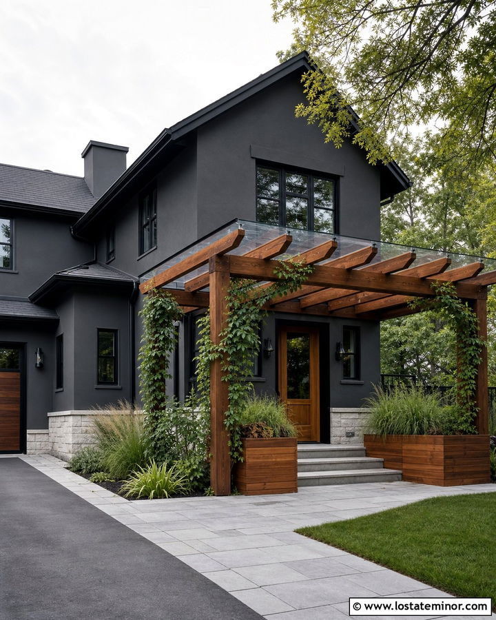 Charcoal Grey House With Cedar Pergola Awning - 30 Charcoal Grey House Design With Awning Ideas