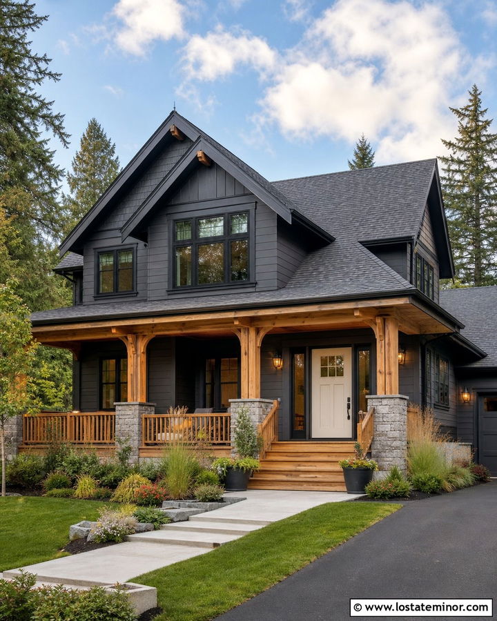 Charcoal Grey House With Cedar Porch And Shingles - 30 Charcoal Grey House Design With Shingles Ideas