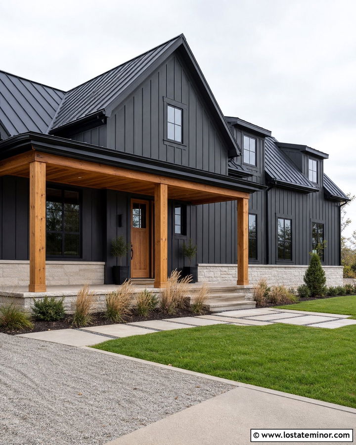 Charcoal Grey House With Cedar Porch Ceiling - 30 Charcoal Grey House Design With Porch Ceiling Ideas