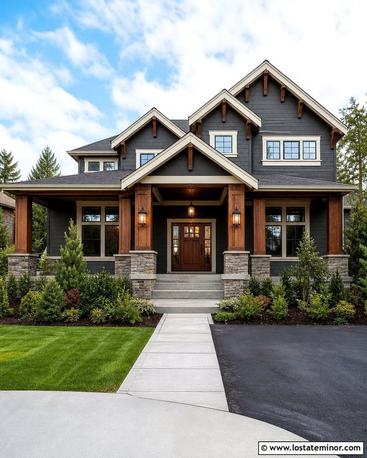 Charcoal Grey House With Cedar Porch Lighting - 30 Charcoal Grey House Design With Lighting Ideas