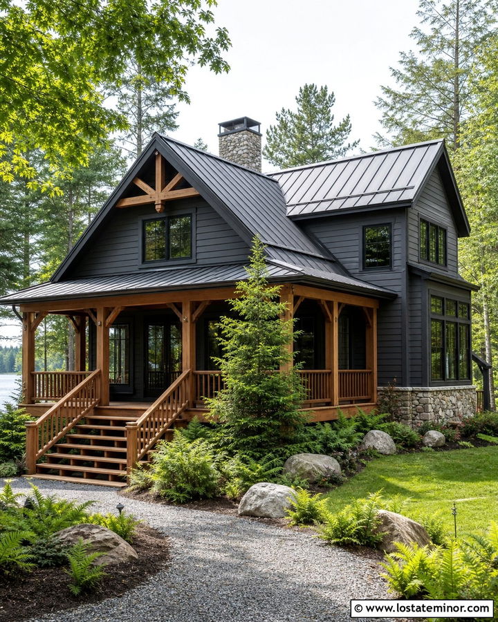 Charcoal Grey House With Cedar Porch Steps - 30 Charcoal Grey House Design With Steps Ideas
