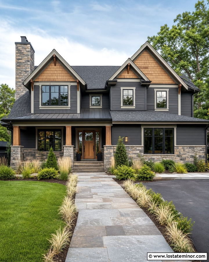 Charcoal Grey House With Cedar Shake And Gray Stone - 30 Charcoal Grey House Design With Cedar Shake Ideas