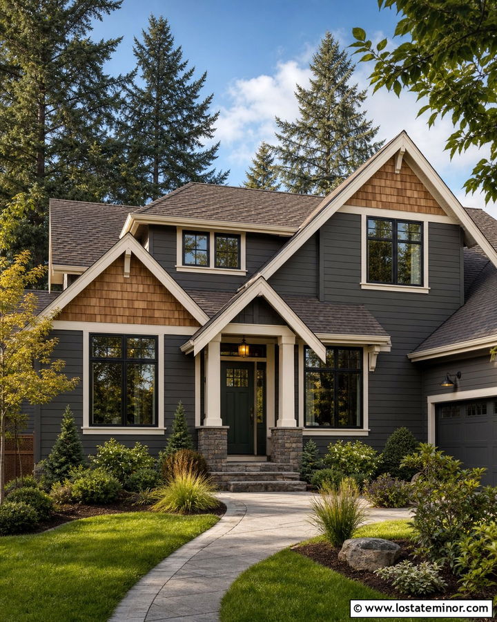 Charcoal Grey House With Cedar Shake And Green Door - 30 Charcoal Grey House Design With Cedar Shake Ideas