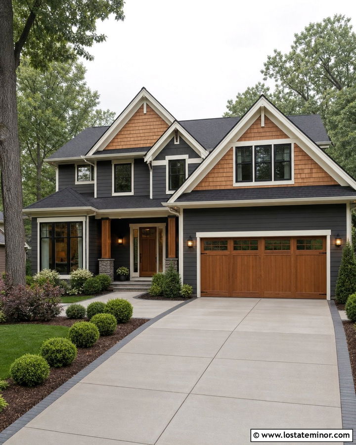 Charcoal Grey House With Cedar Shake And Wood Garage Door - 30 Charcoal Grey House Design With Cedar Shake Ideas