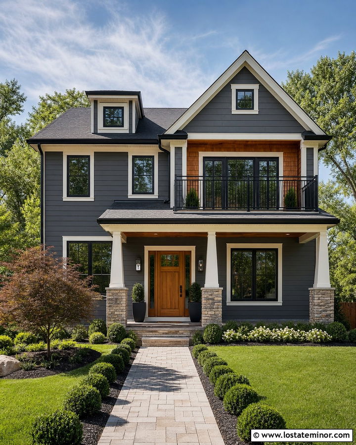 Charcoal Grey House With Cedar Shake Balcony - 30 Charcoal Grey House Design With Cedar Shake Ideas