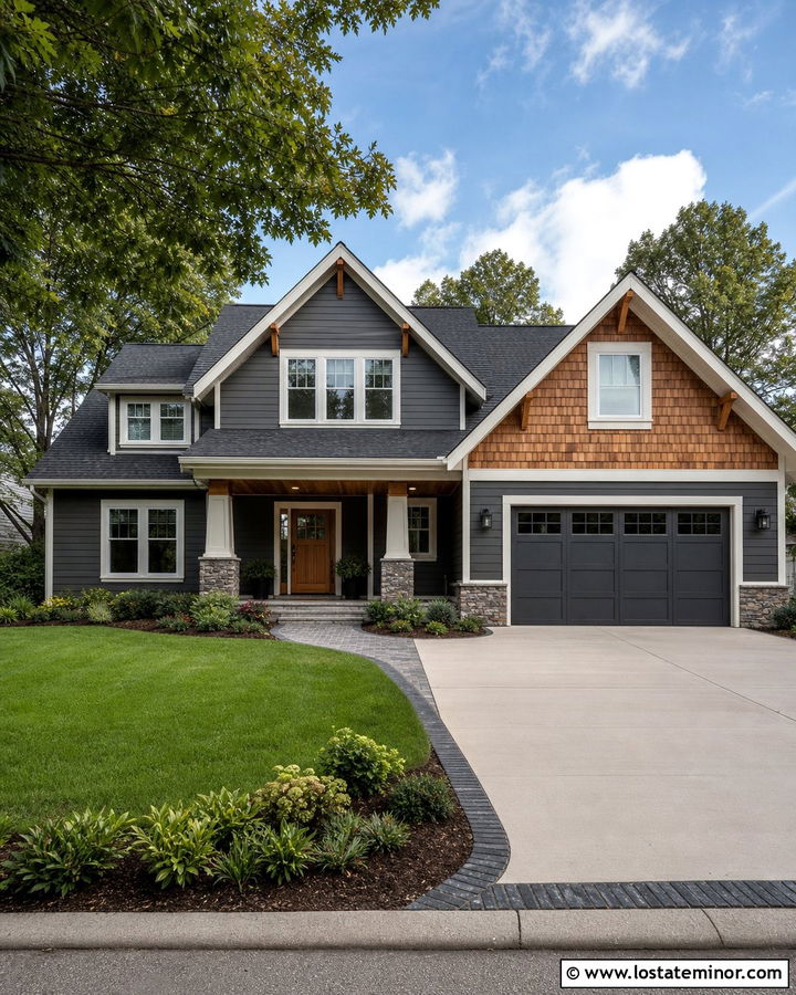 Charcoal Grey House With Cedar Shake Garage Gable - 30 Charcoal Grey House Design With Cedar Shake Ideas
