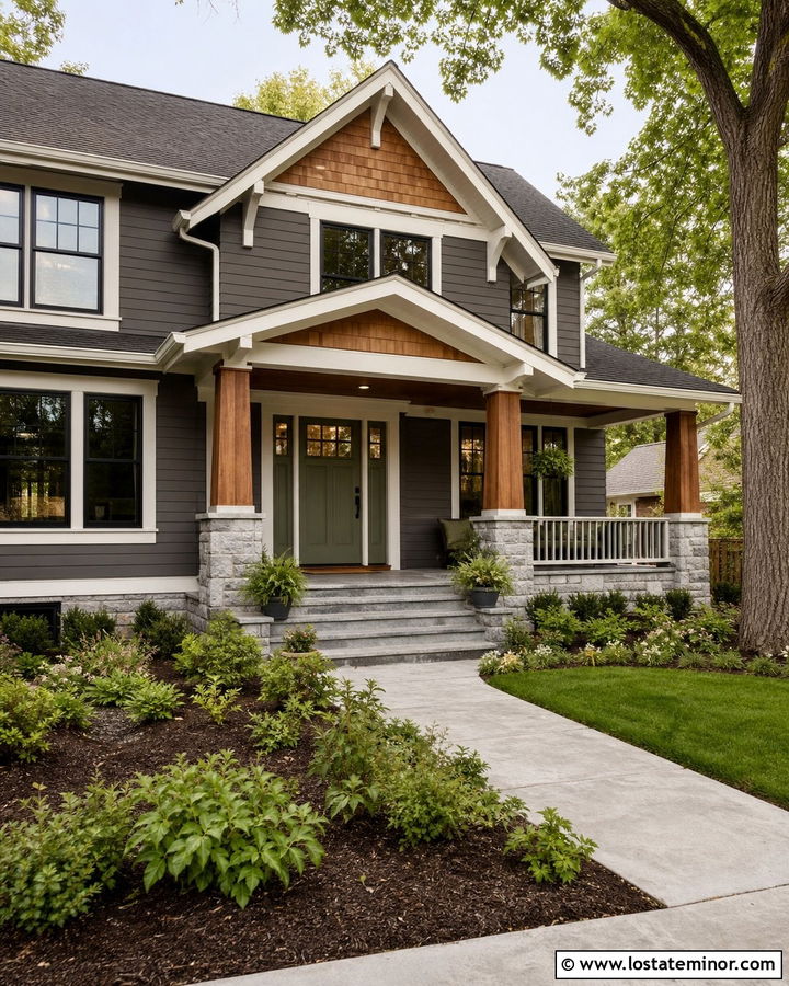Charcoal Grey House With Cedar Shake Porch Columns - 30 Charcoal Grey House Design With Cedar Shake Ideas