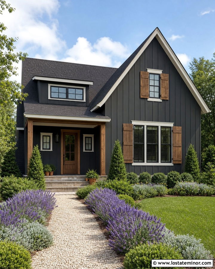 Charcoal Grey House With Cedar Shutters And Lavender - 30 Charcoal Grey House Design With Front Yard Ideas
