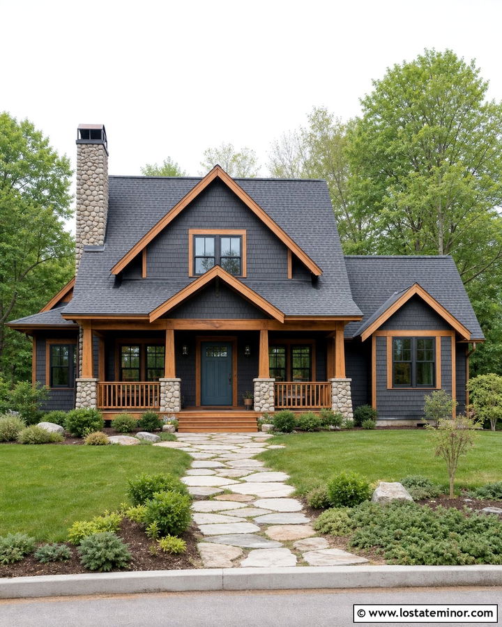 Charcoal Grey House With Cedar Trim And River Rock - 30 Charcoal Grey House Design With Trim Ideas