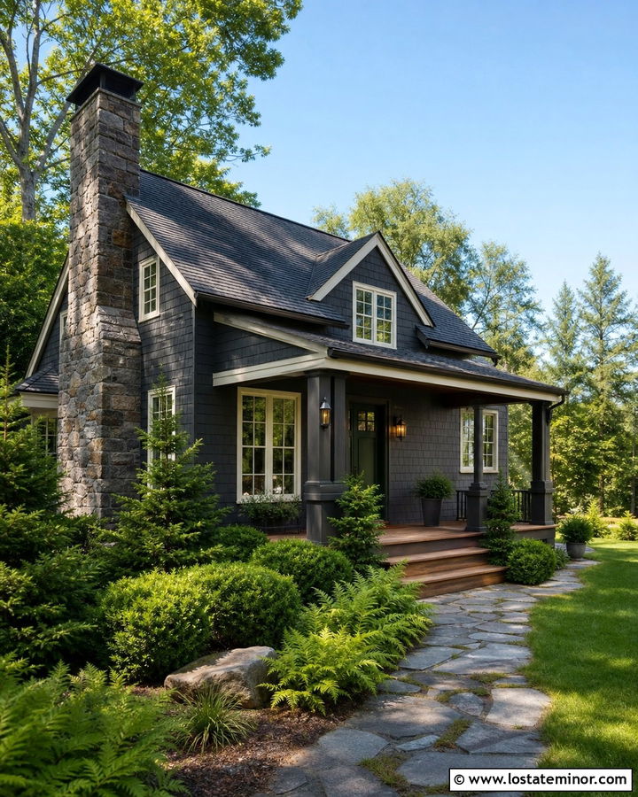 Charcoal Grey House With Chimney And Green Front Door - 30 Charcoal Grey House Design With Chimney Ideas