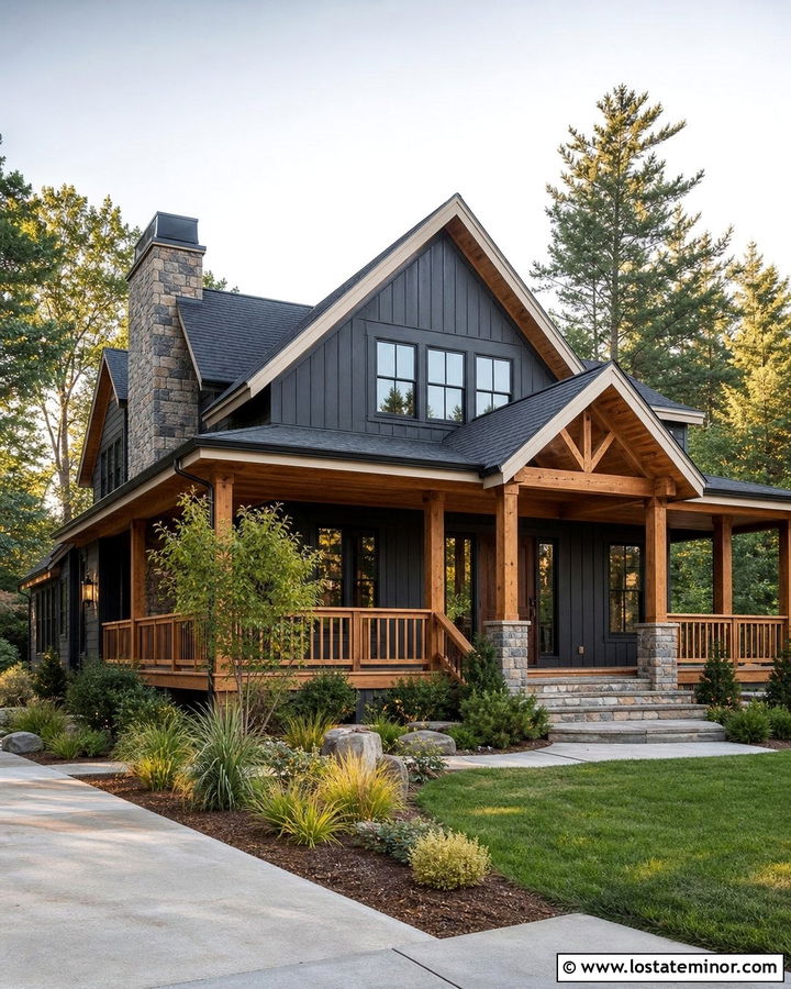 Charcoal Grey House With Chimney And Natural Wood Porch - 30 Charcoal Grey House Design With Chimney Ideas