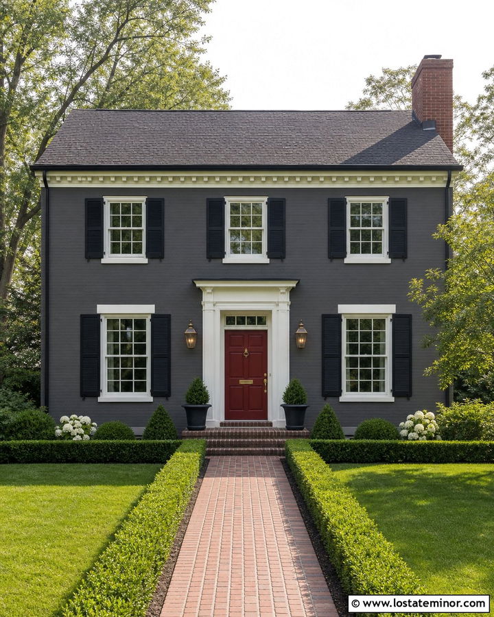 Charcoal Grey House With Chimney And Red Front Door - 30 Charcoal Grey House Design With Chimney Ideas