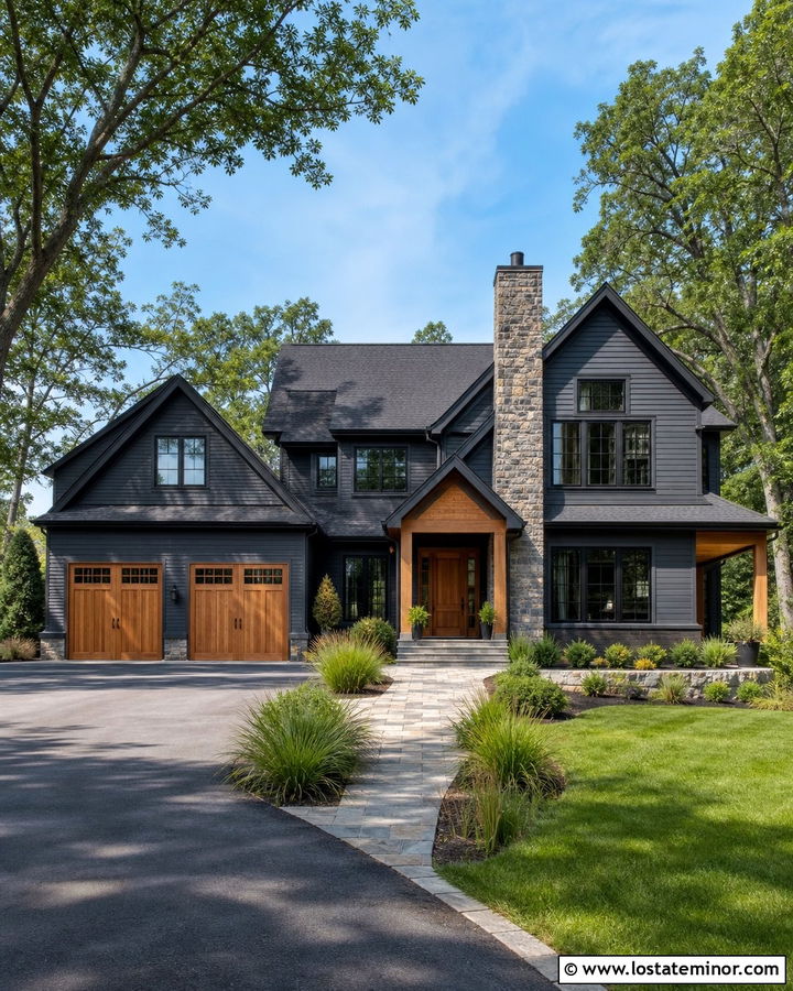Charcoal Grey House With Chimney And Wood Garage Doors - 30 Charcoal Grey House Design With Chimney Ideas