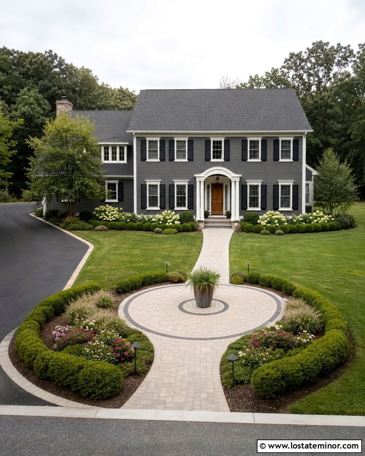 Charcoal Grey House With Circular Walkway Landing - 30 Charcoal Grey House Design With Walkway Ideas