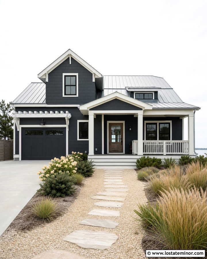 Charcoal Grey House With Coastal Gravel Walkway - 30 Charcoal Grey House Design With Walkway Ideas