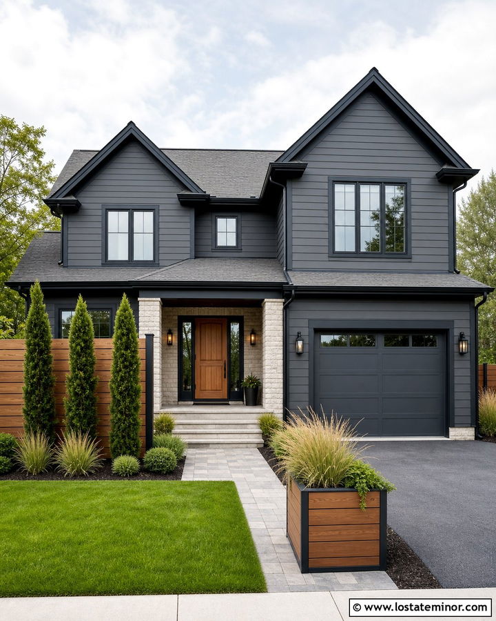 Charcoal Grey House With Composite Privacy Fence - 30 Charcoal Grey House Design With Fence Ideas