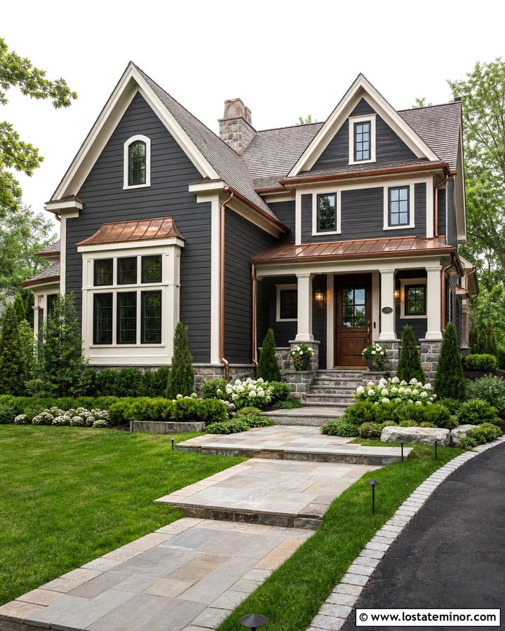 Charcoal Grey House With Copper Accents And Evergreens - 30 Charcoal Grey House Design With Front Yard Ideas