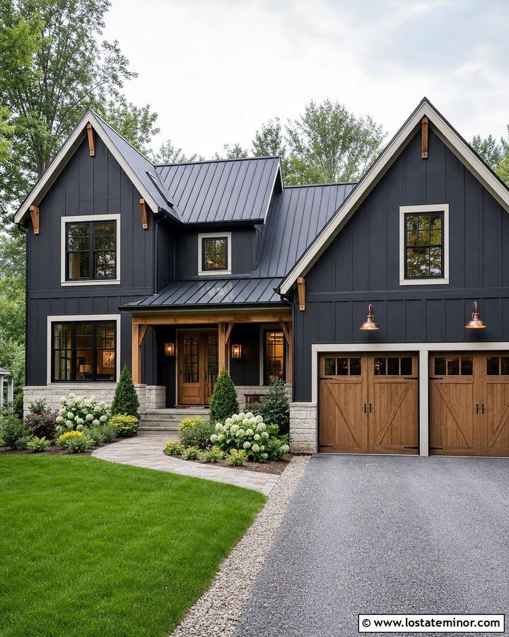 Charcoal Grey House With Copper Exterior Lights - 30 Charcoal Grey House Design With Lighting Ideas