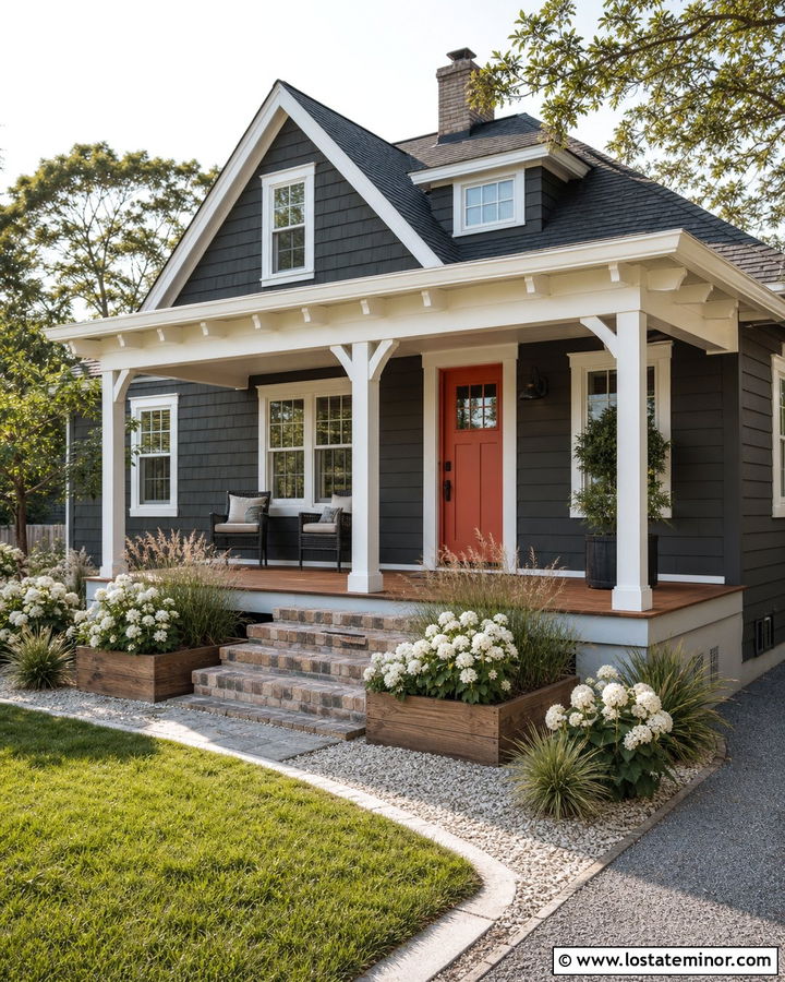 Charcoal Grey House With Coral Entry Door - 30 Charcoal Grey House Design With Entry Door Ideas