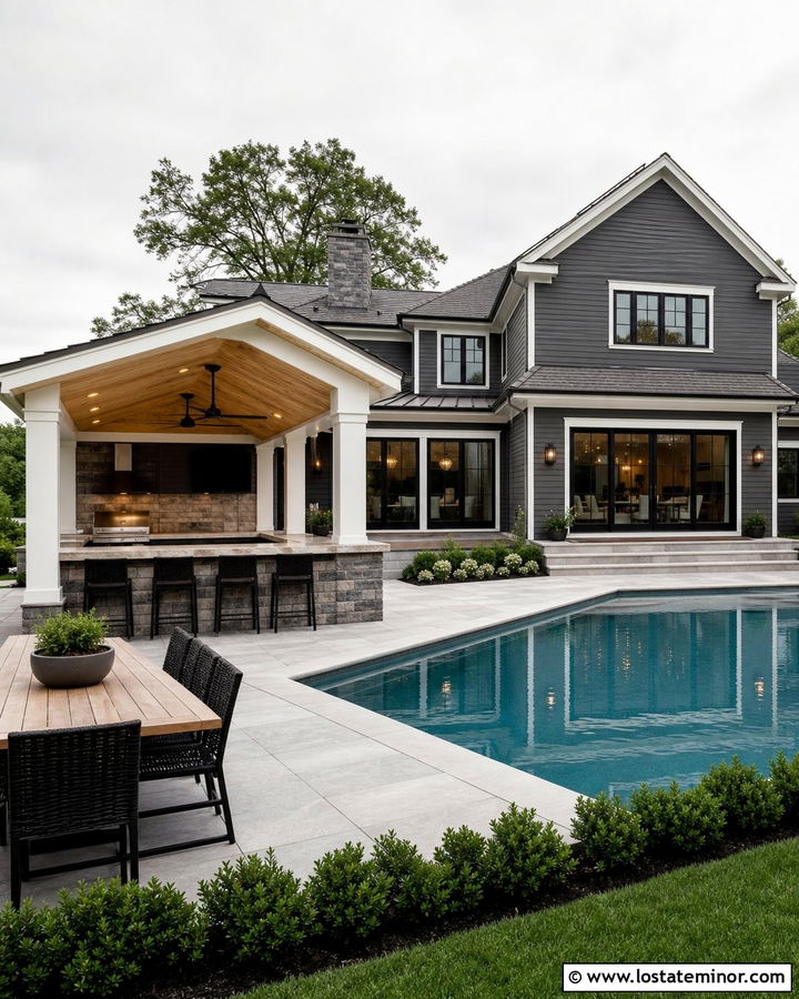 Charcoal Grey House With Covered Outdoor Kitchen Pool - 30 Charcoal Grey House Design With Swimming Pool Ideas