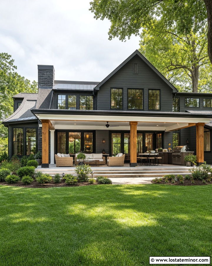 Charcoal Grey House With Covered Patio - 30 Charcoal Grey House Design With Backyard Ideas